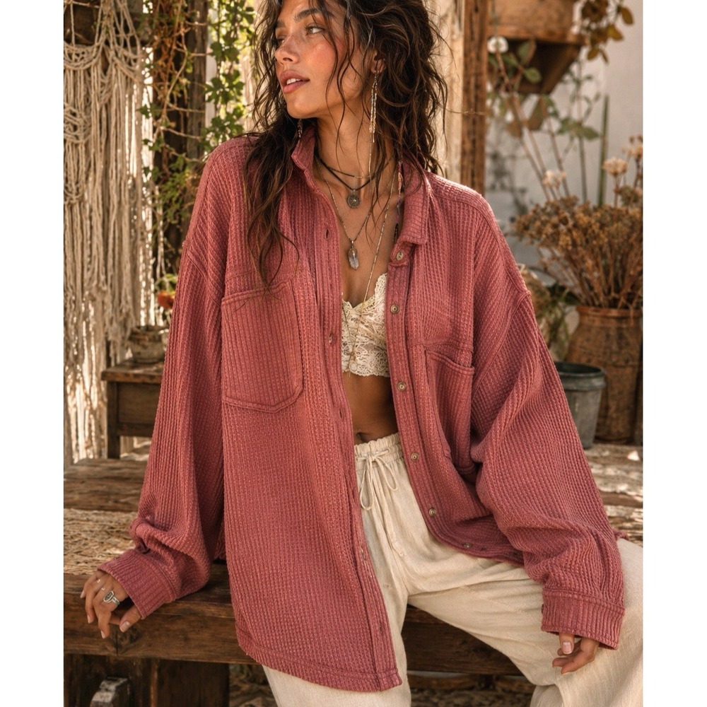 Aerie LumberJane Waffle Knit Oversized Button Shirt Shacket Size XXL Slouchy